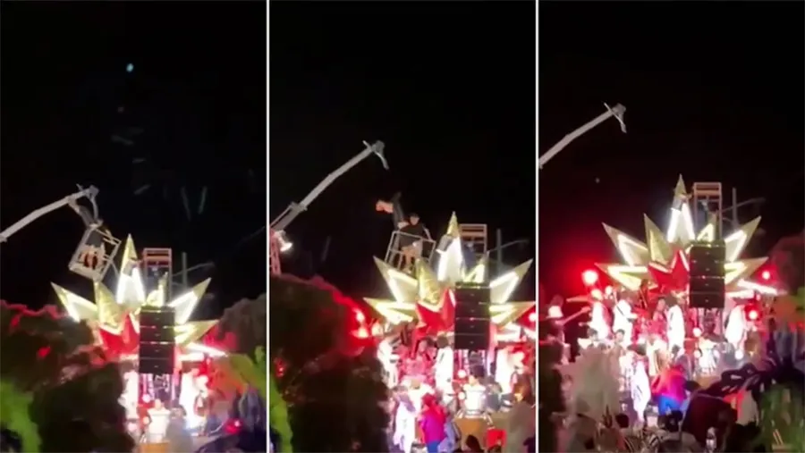 Secuencia del accidente que sufrieron dos personas que trabajaban en los preparativos para la comparsa Marí Marí (Club Central Entrerriano) y que fueron trasladados al hospital Centenario de Gualeguacyhú: uno de ellos debió ser operado. Secuencia del accidente que sufrieron dos personas que trabajaban en los preparativos para la comparsa Marí Marí (Club Central Entrerriano) y que fueron trasladados al hospital Centenario de Gualeguacyhú: uno de ellos debió ser operado.