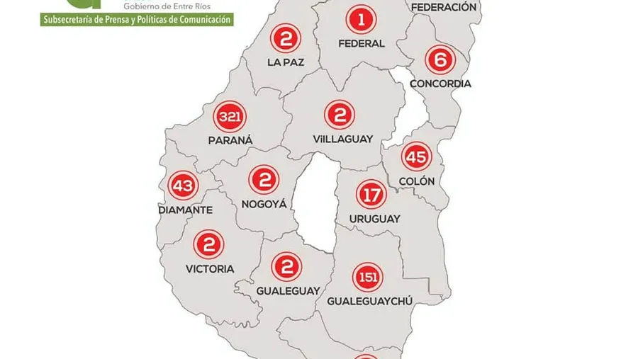 El mapa actualizado de casos de coronavirus confirmados discriminado por Departamento. Tala, San Salvador y Feliciano son los únicas tres que no presentan casos hasta el momento. El mapa actualizado de casos de coronavirus confirmados discriminado por Departamento. Tala, San Salvador y Feliciano son los únicas tres que no presentan casos hasta el momento.